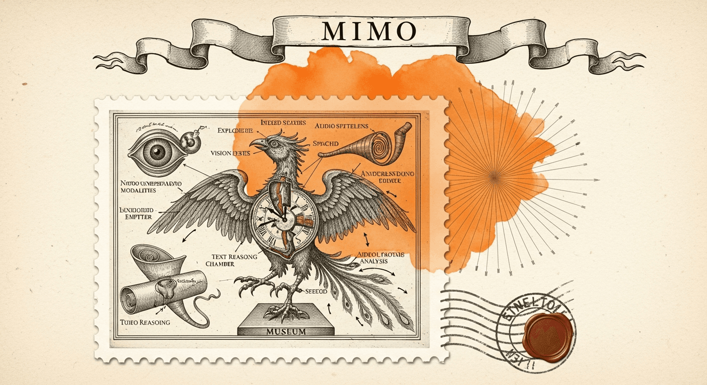 Giant Antique Postage Stamp style editorial illustration for the news article: Xiaomi releases MiMo-V2.5-Pro multimodal model for text, image, audio, 