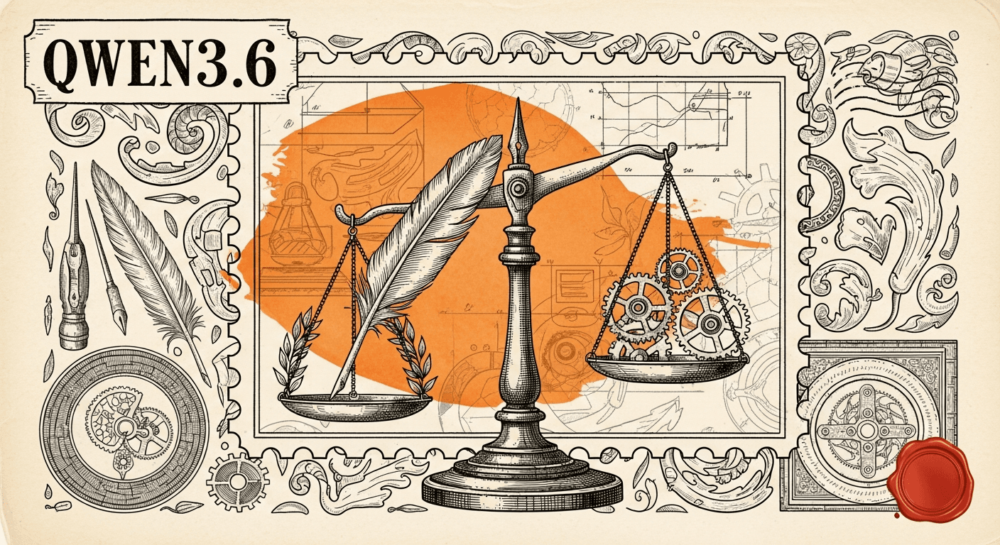 Giant Antique Postage Stamp style editorial illustration for the news article: Qwen3.6-27B outperforms larger predecessor on coding benchmarks