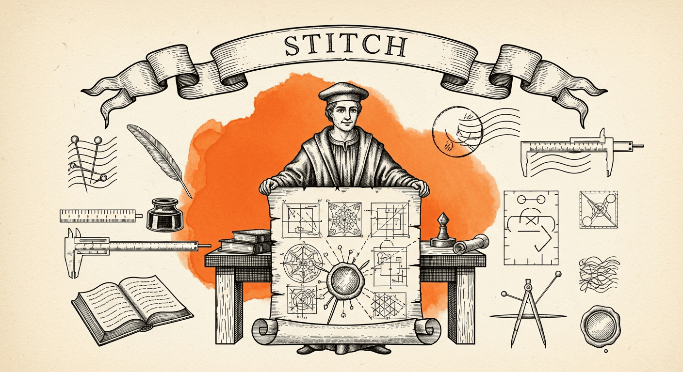 Pressed Ink Seal / Typewriter Imprint style editorial illustration for the news article: Google open-sources Stitch's DESIGN.md for brand-consistent A
