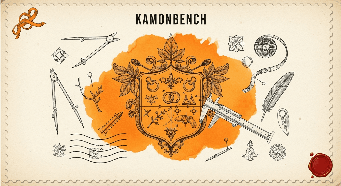Giant Antique Postage Stamp style editorial illustration for the news article: KamonBench: a new benchmark for testing vision-language model accuracy