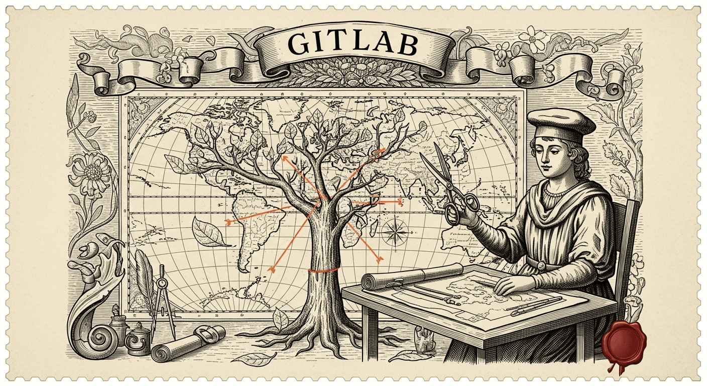 Giant Antique Postage Stamp style editorial illustration for the news article: GitLab to cut workforce and exit 30% of operating countries