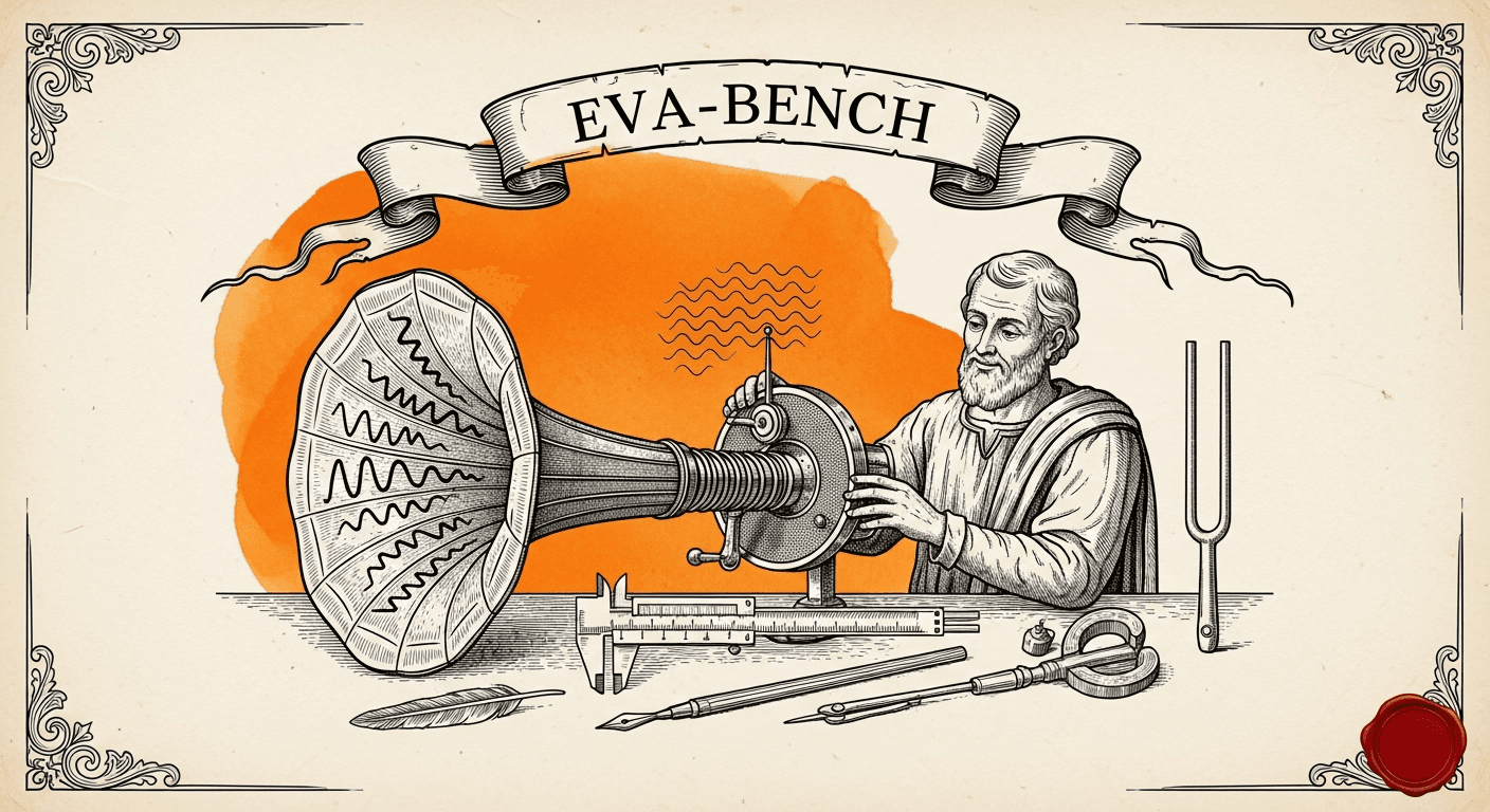 Pressed Ink Seal / Typewriter Imprint style editorial illustration for the news article: EVA-Bench: New End-to-End Framework for Evaluating Voice Agen