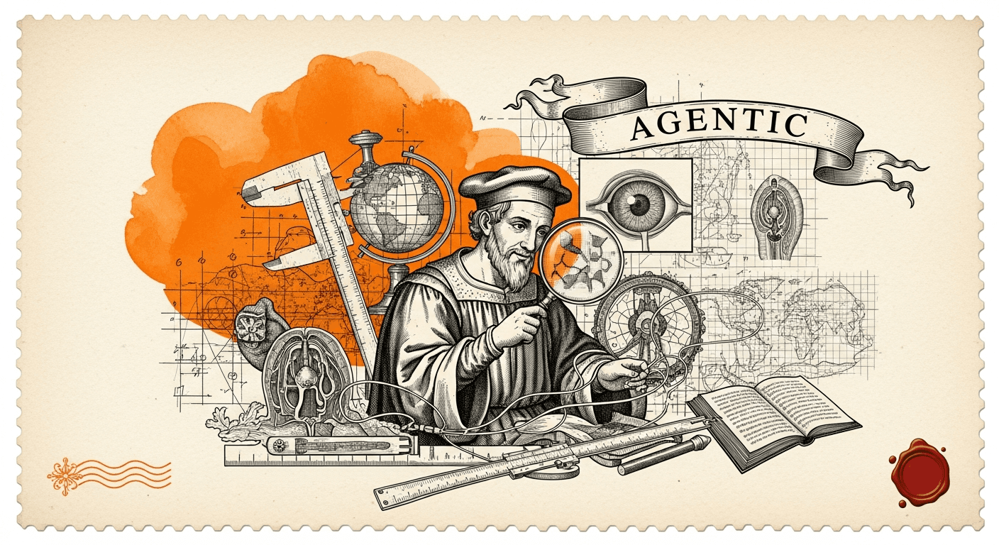 Giant Antique Postage Stamp style editorial illustration for the news article: Researchers Introduce Agentic Search for Visual Perception