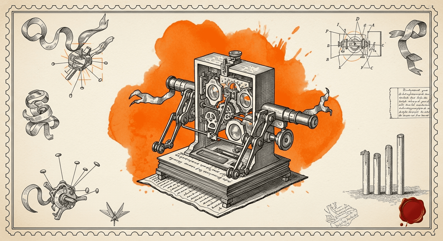 Giant Antique Postage Stamp style editorial illustration for the news article: Baidu's Qianfan-OCR-Fast launches on OpenRouter (66k context, $0.68/M i