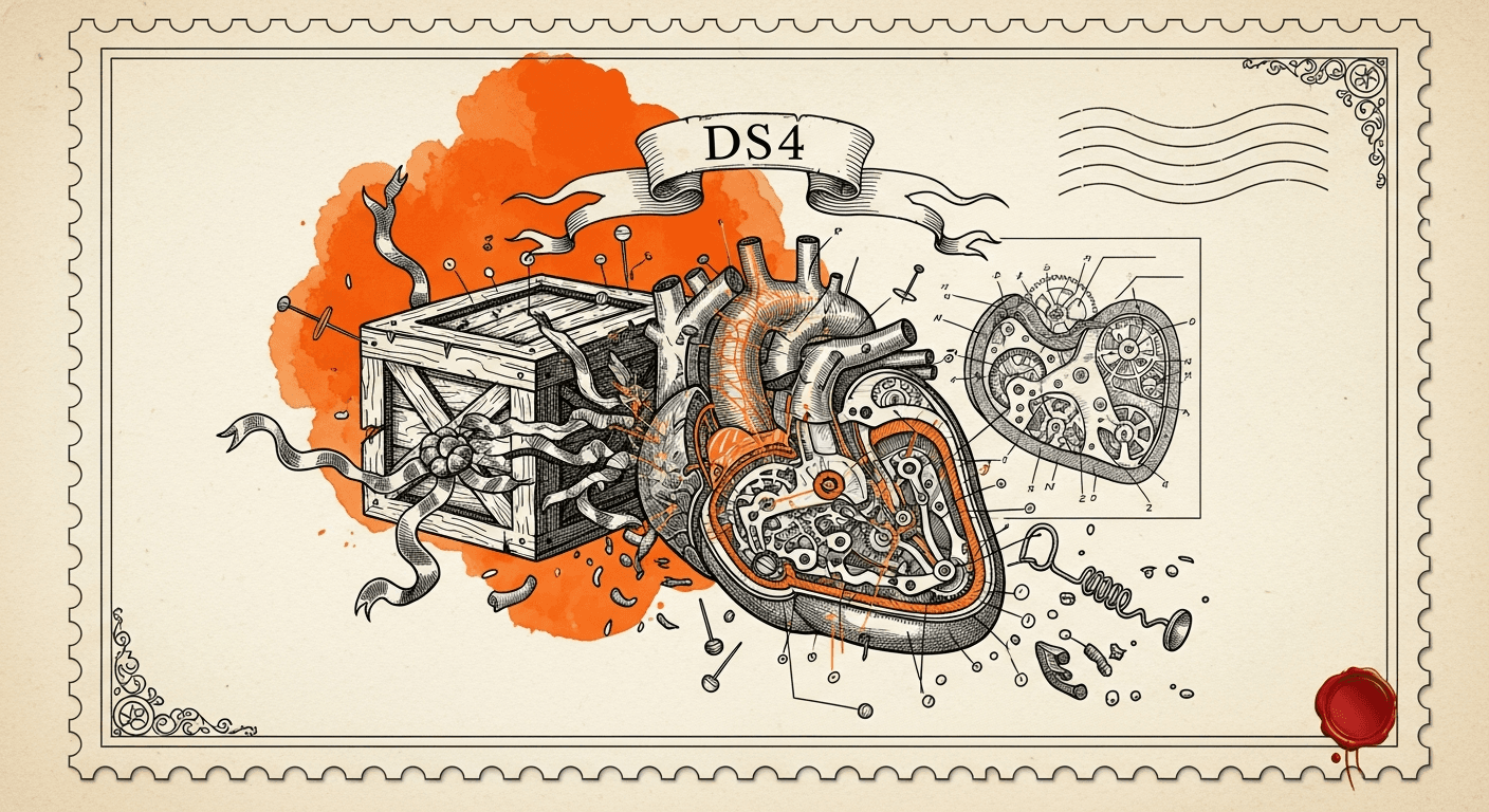 Giant Antique Postage Stamp style editorial illustration for the news article: antirez ships DS4: a native DeepSeek V4 Flash inference engine for Appl