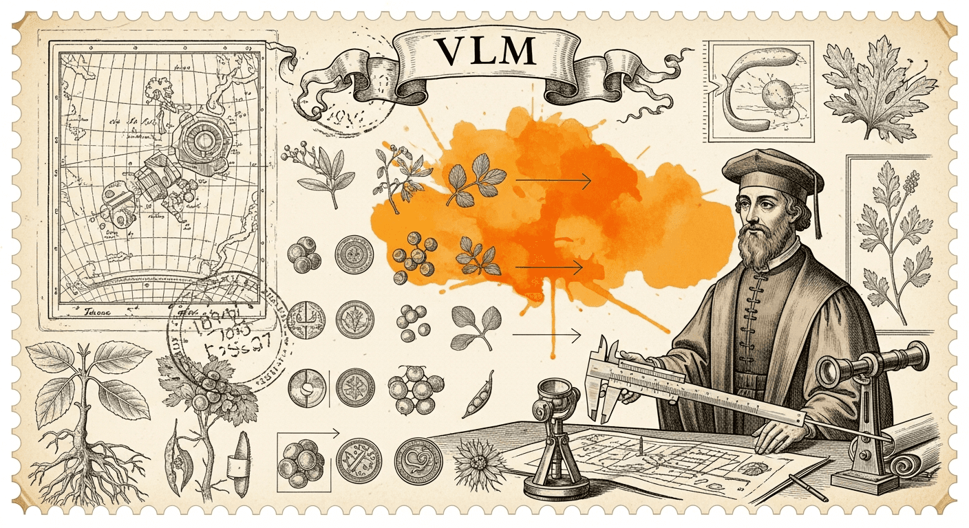 Giant Antique Postage Stamp style editorial illustration for the news article: Researchers Propose Explicit Granularity for VLM Object Counting