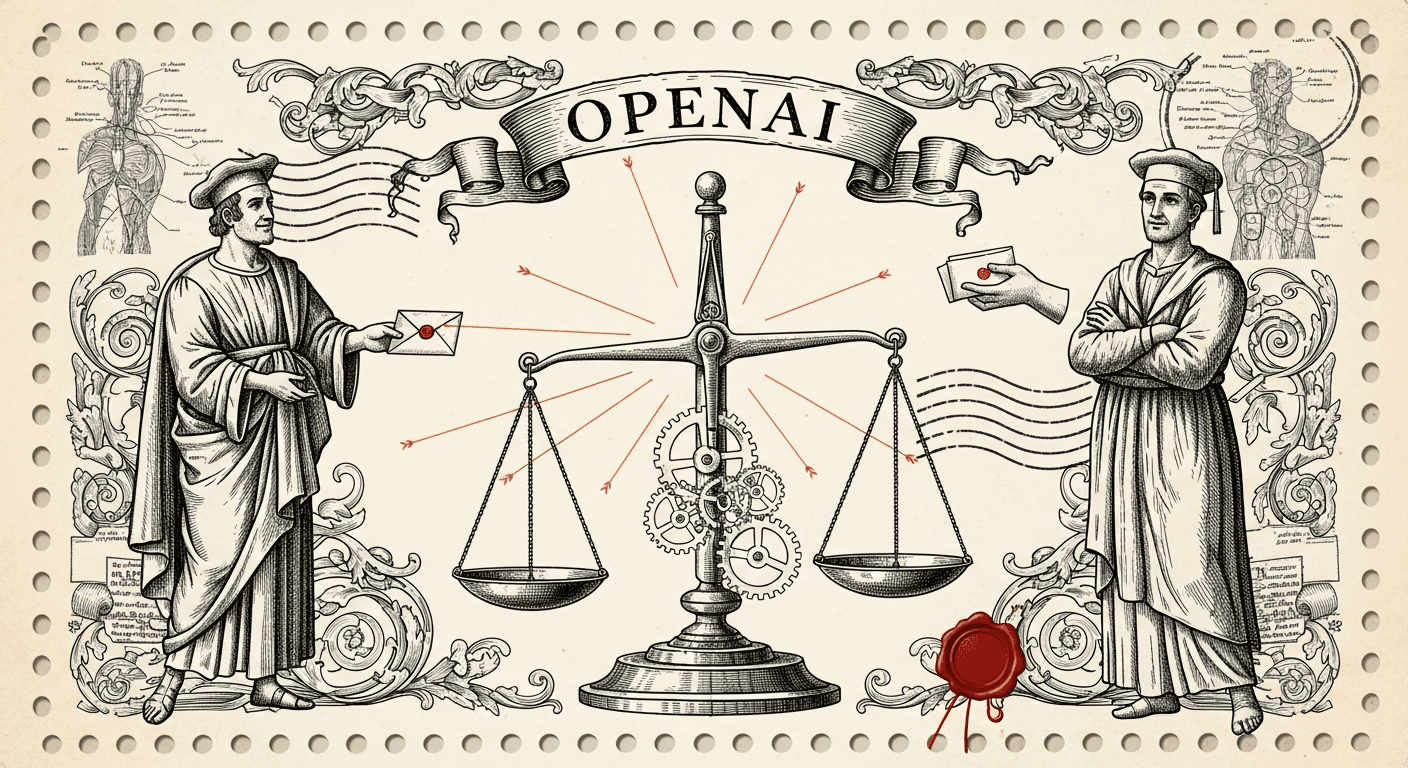 Giant Antique Postage Stamp style editorial illustration for the news article: Week 2 Musk-OpenAI trial: OpenAI responds, Zilis says Musk tried to poa