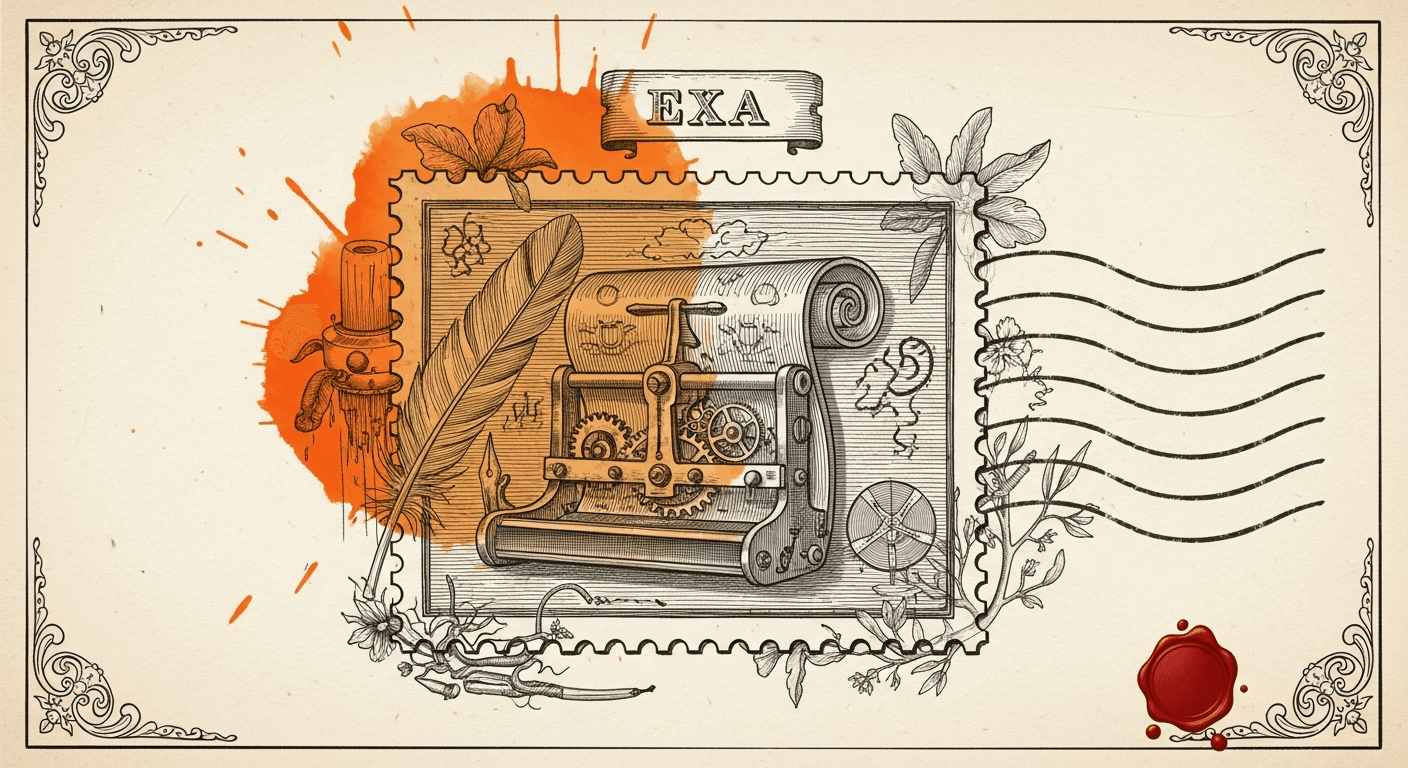Giant Antique Postage Stamp style editorial illustration for the news article: Qwen 3.6 (27B): a fast new text-generation model trending on Hugging Fa