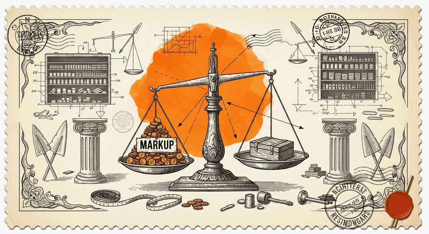 Giant Antique Postage Stamp style editorial illustration for the news article: eBay lists marked-up Mac minis amid AI-driven shortages