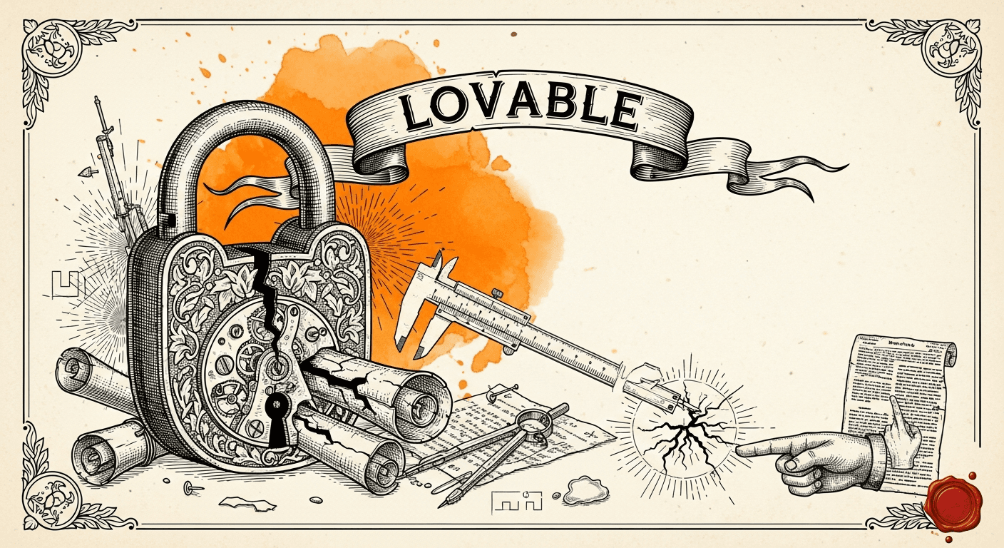Pressed Ink Seal / Typewriter Imprint style editorial illustration for the news article: Thousands of Lovable-Built Apps Expose Sensitive Data Publicl