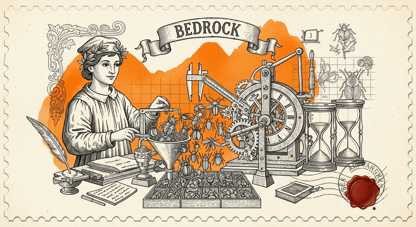 Giant Antique Postage Stamp style editorial illustration for the news article: Miro Uses Amazon Bedrock to Improve Bug Routing Accuracy and Cut Resolu