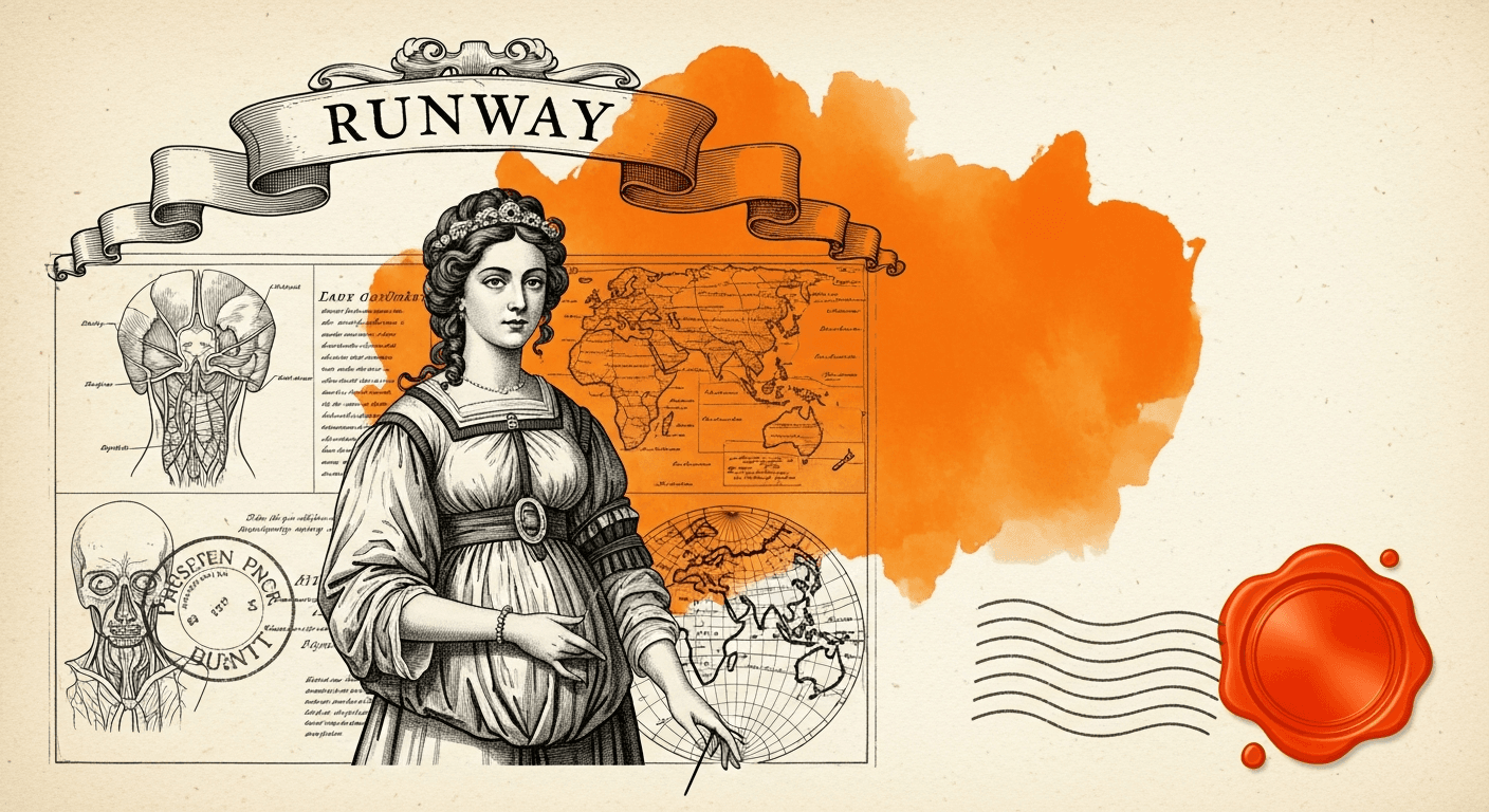 Pressed Ink Seal / Typewriter Imprint style editorial illustration for the news article: Runway CEO Predicts World Models After AI Video Advances