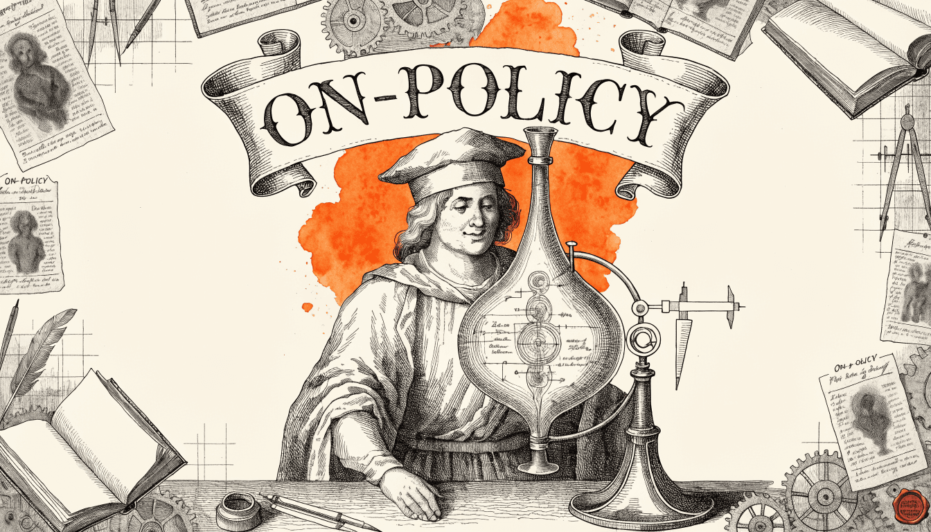 Pressed Ink Seal / Typewriter Imprint style editorial illustration for the news article: Study Analyzes Limits of On-Policy Distillation in Reasoning 