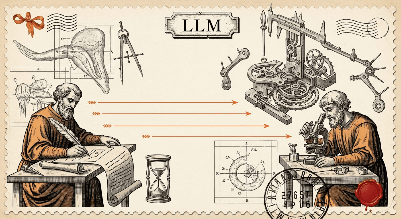 Giant Antique Postage Stamp style editorial illustration for the news article: New study tests coding assistants for automating AI agent evaluation