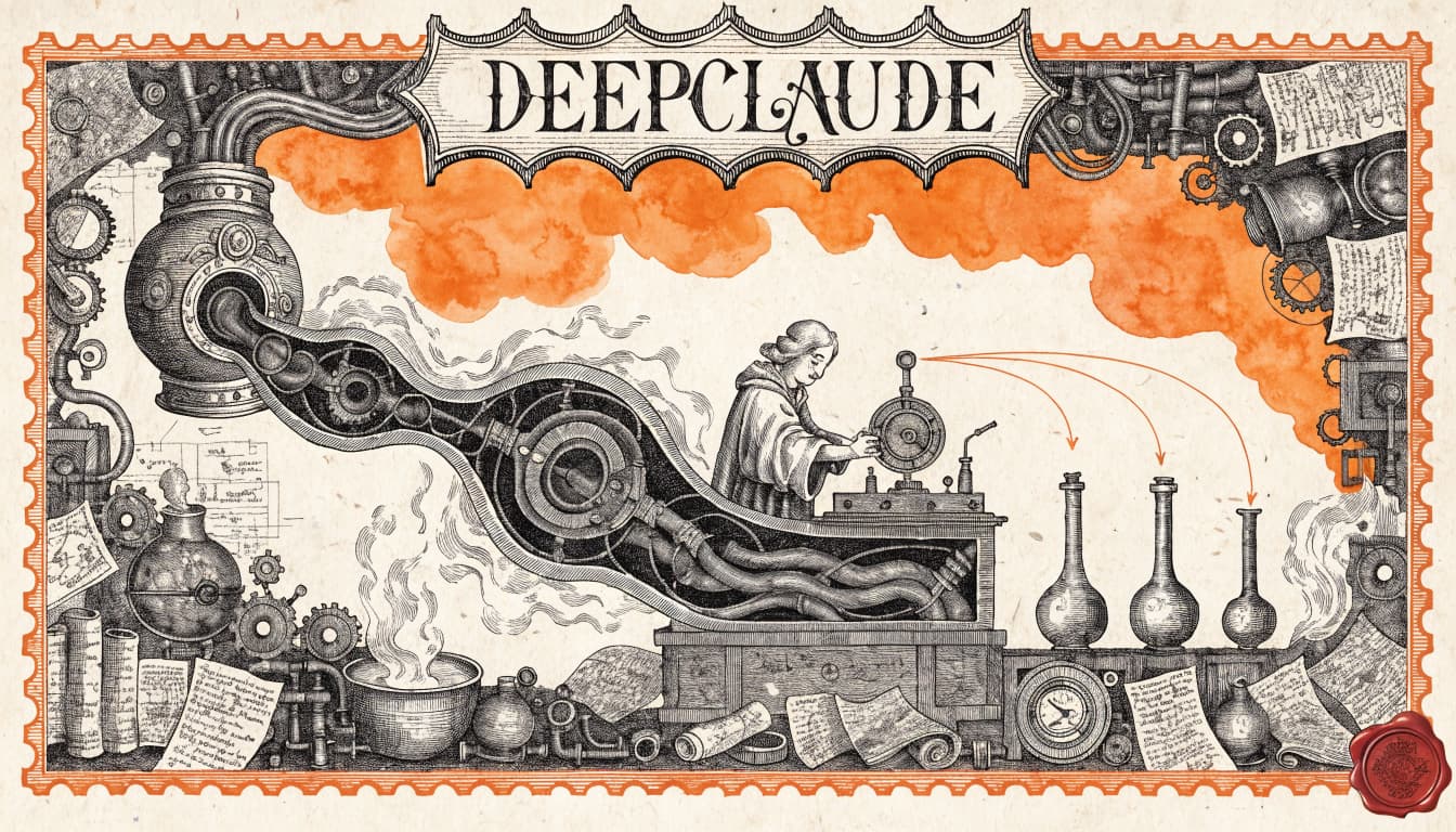Giant Antique Postage Stamp style editorial illustration for the news article: DeepClaude: run Claude Code's agent loop on DeepSeek V4 Pro or any Anth