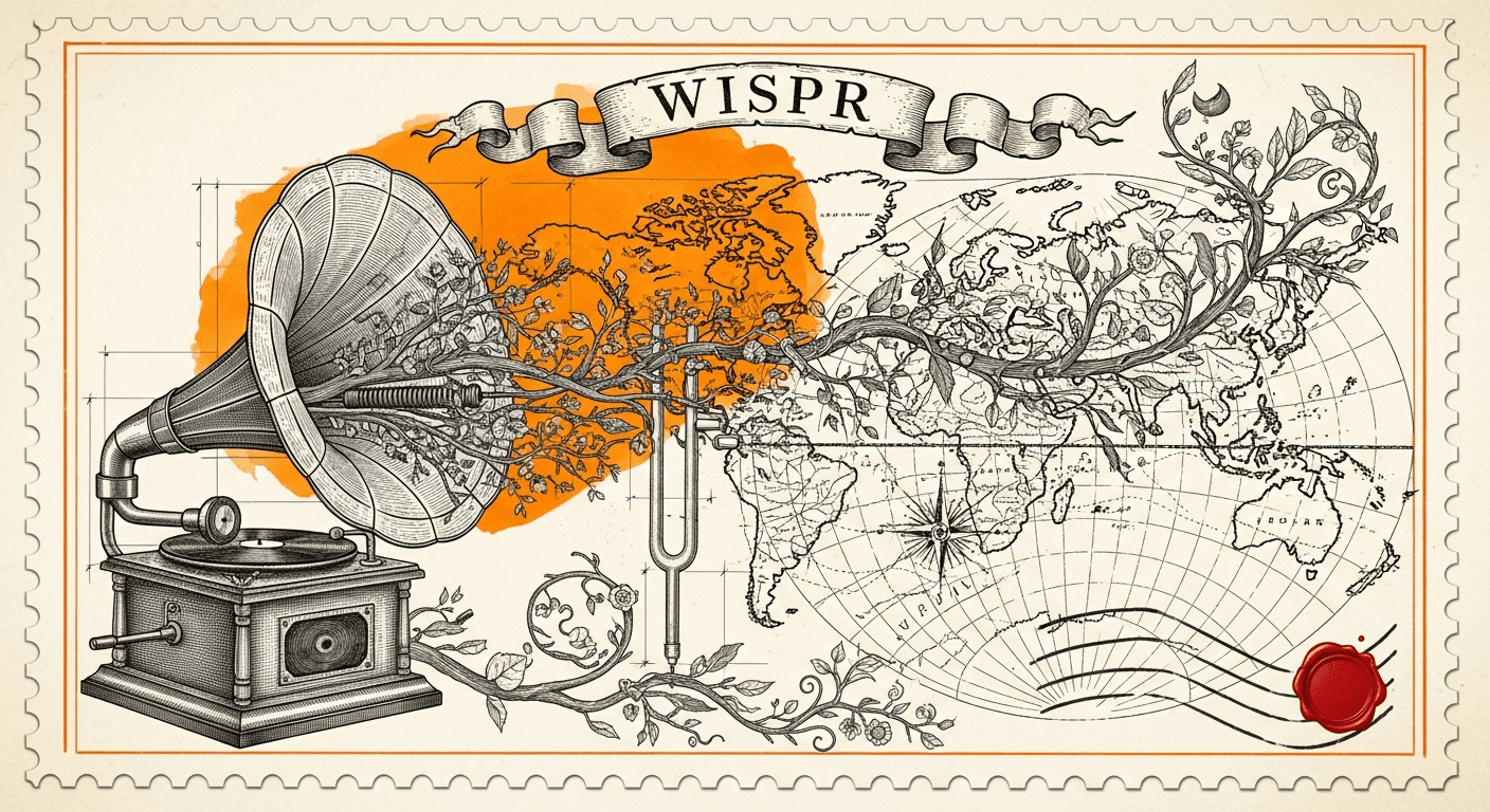 Giant Antique Postage Stamp style editorial illustration for the news article: Wispr Flow Reports Growth Acceleration in India After Hinglish Rollout