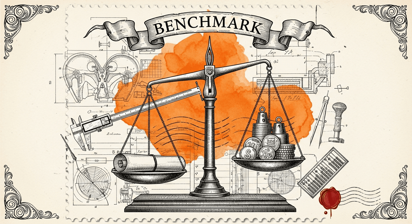 Giant Antique Postage Stamp style editorial illustration for the news article: Benchmark, AI tool for evaluating fintech proposal prices, launches on 