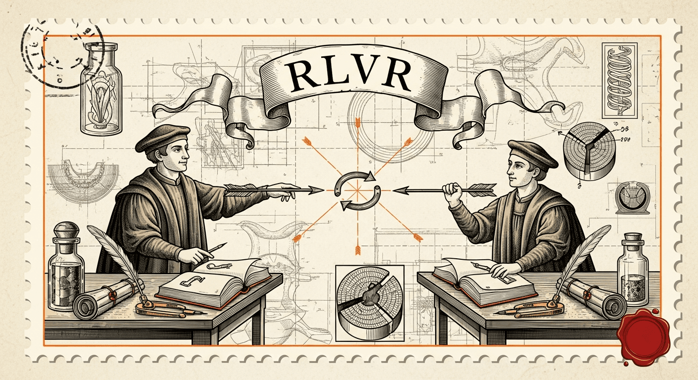 Giant Antique Postage Stamp style editorial illustration for the news article: Rebellious Student Reverses Teacher Signals in Self-Distilled RLVR