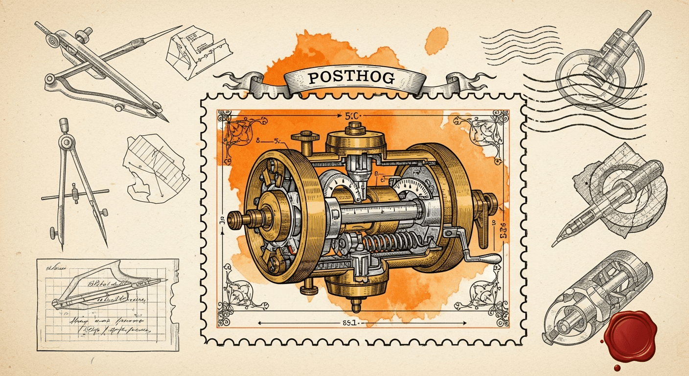 Giant Antique Postage Stamp style editorial illustration for the news article: BossHogg launches agent-first CLI for PostHog analytics and flags