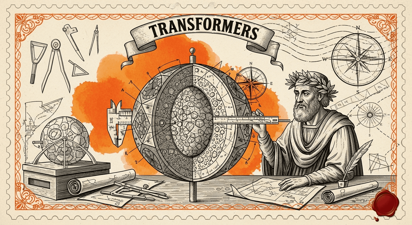 Giant Antique Postage Stamp style editorial illustration for the news article: Researchers Propose Geometric Model for Fact Recall in Transformers