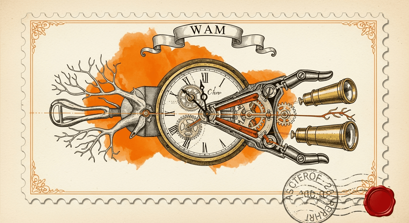 Giant Antique Postage Stamp style editorial illustration for the news article: Adaptive Action Execution Proposed for World Action Models in Robotics