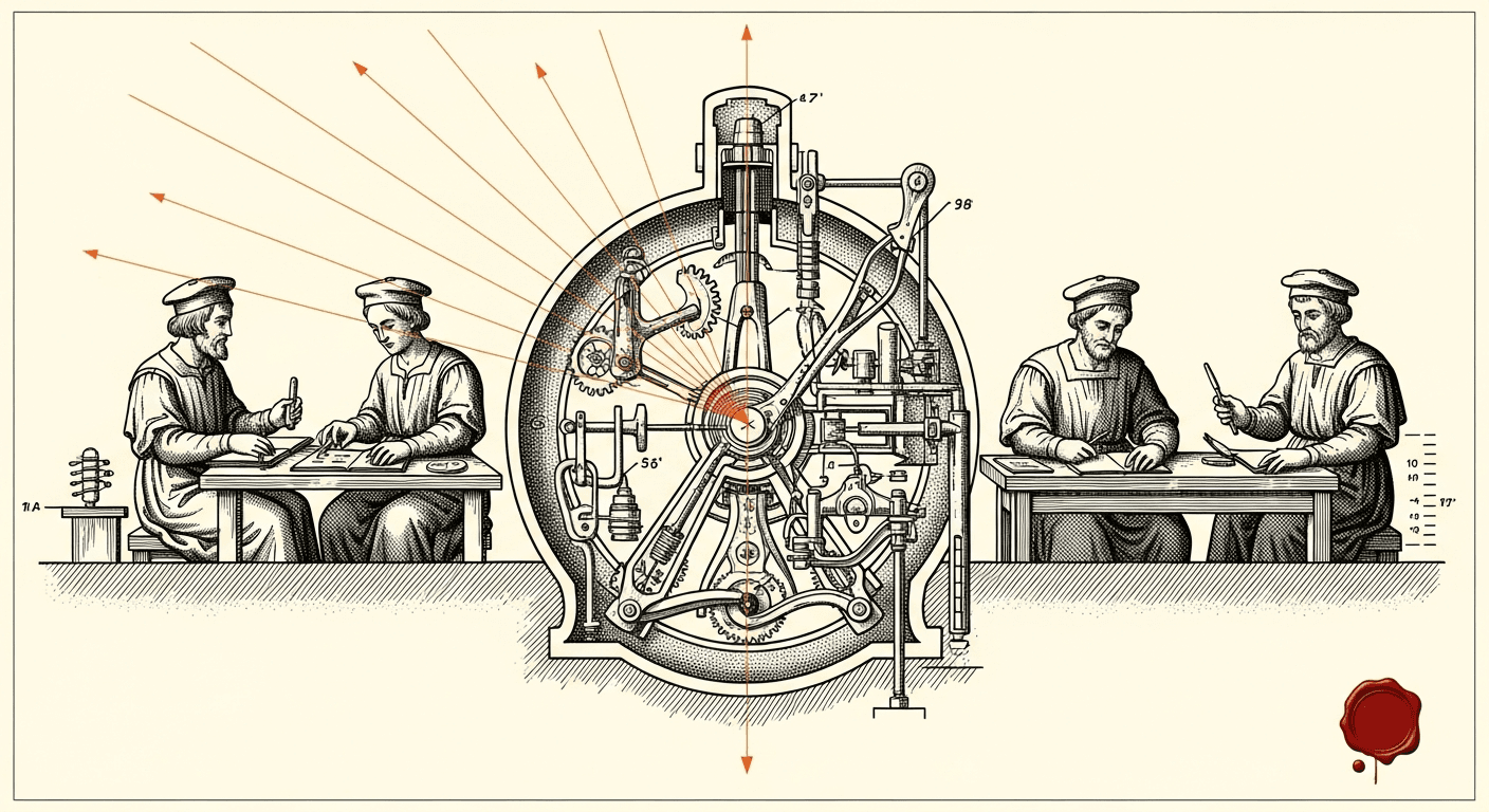 Antique Anatomical / Mechanical Diagram style editorial illustration for the news article: Cursor iOS Public Beta with Remote Control, Claude Code v2.