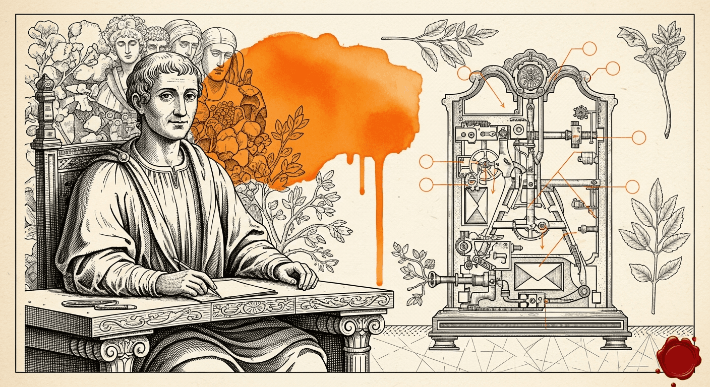 Antique Anatomical / Mechanical Diagram style editorial illustration for the news article: Hermes Agent v2026.6.19 with iMessage and desktop app, Open
