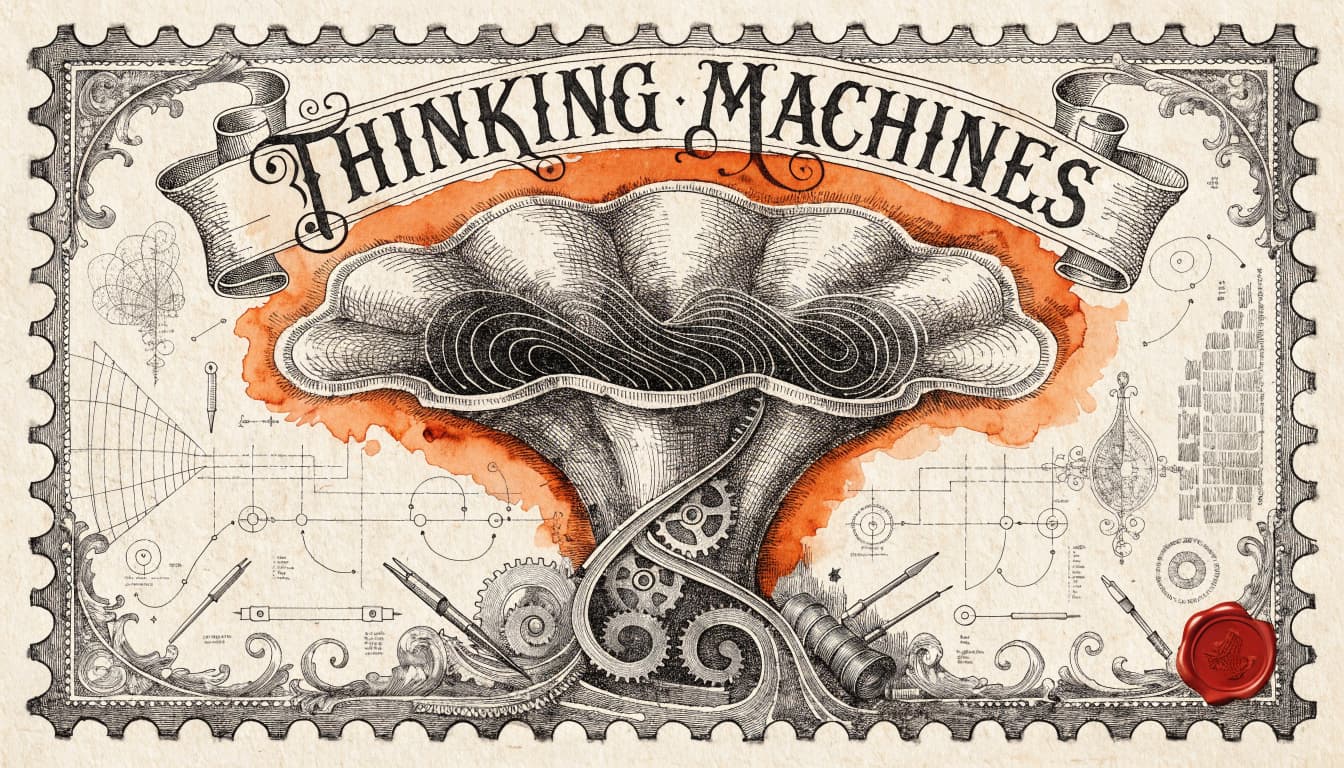 Giant Antique Postage Stamp style editorial illustration for the news article: Thinking Machines launches AI model for simultaneous input processing