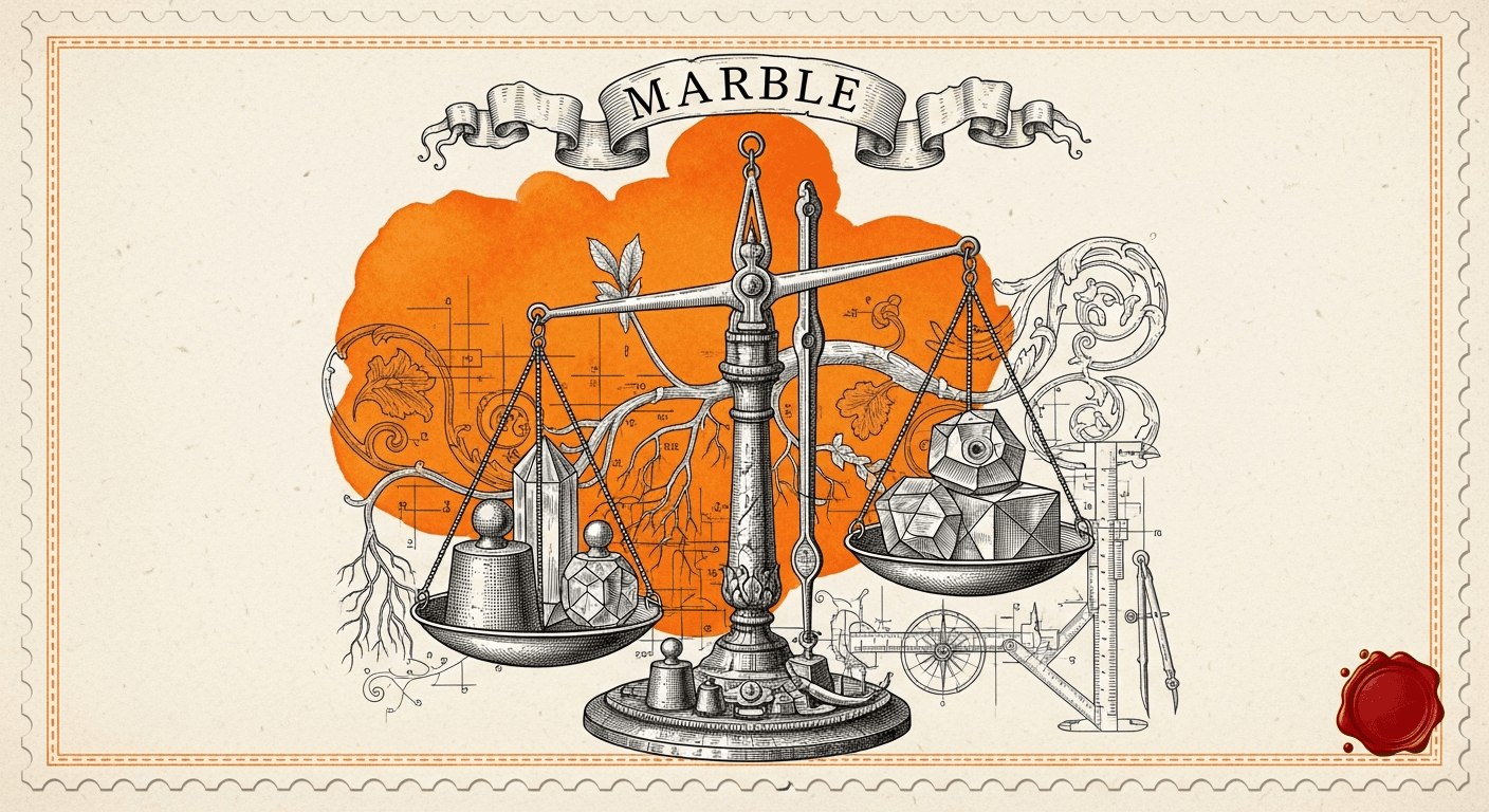 Giant Antique Postage Stamp style editorial illustration for the news article: Researchers Introduce MARBLE for Multi-Reward Balancing in Diffusion RL