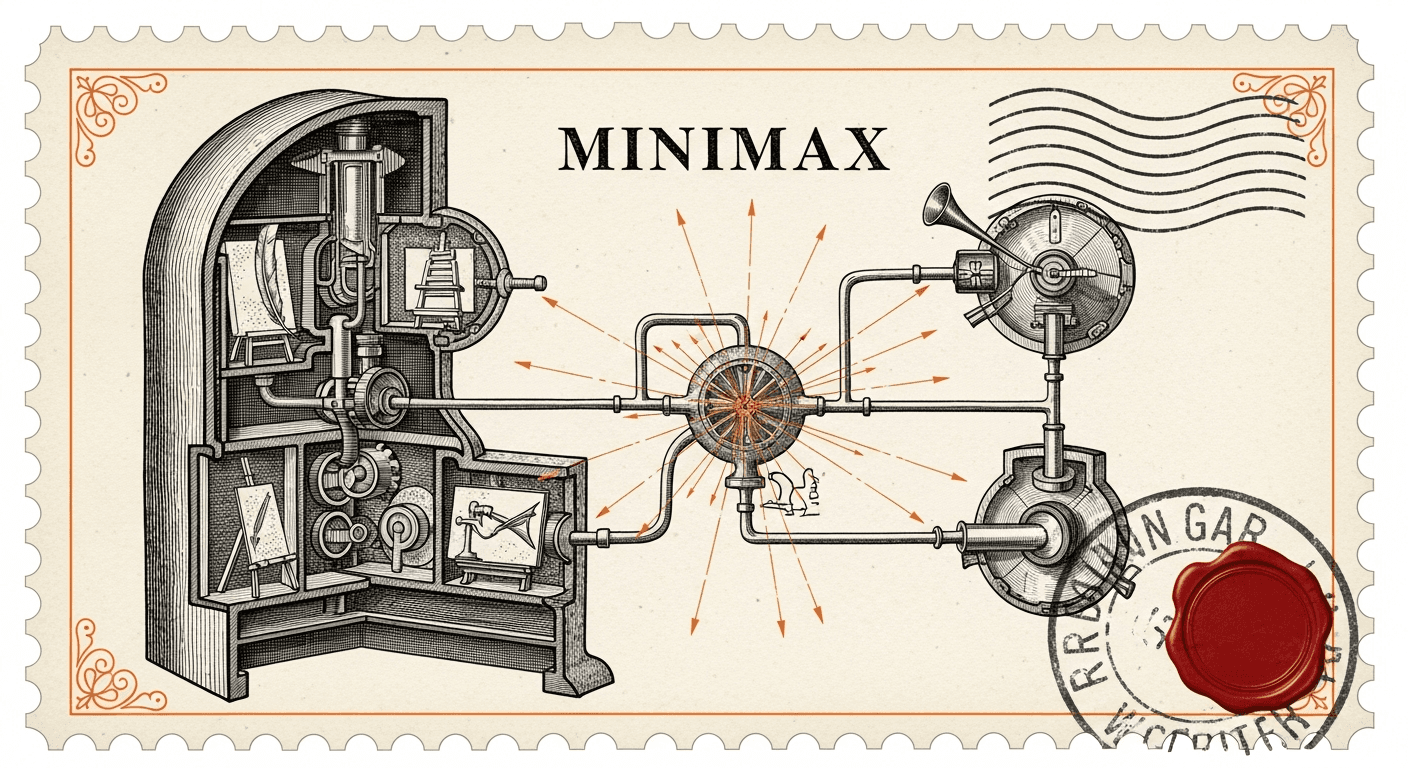 Giant Antique Postage Stamp style editorial illustration for the news article: MiniMax Hub: desktop creative studio with node-based multimodal agent