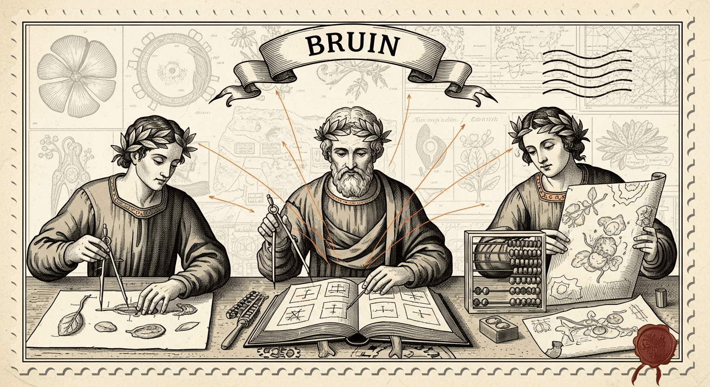 Giant Antique Postage Stamp style editorial illustration for the news article: Bruin AI data agent for team collaboration launches on Product Hunt