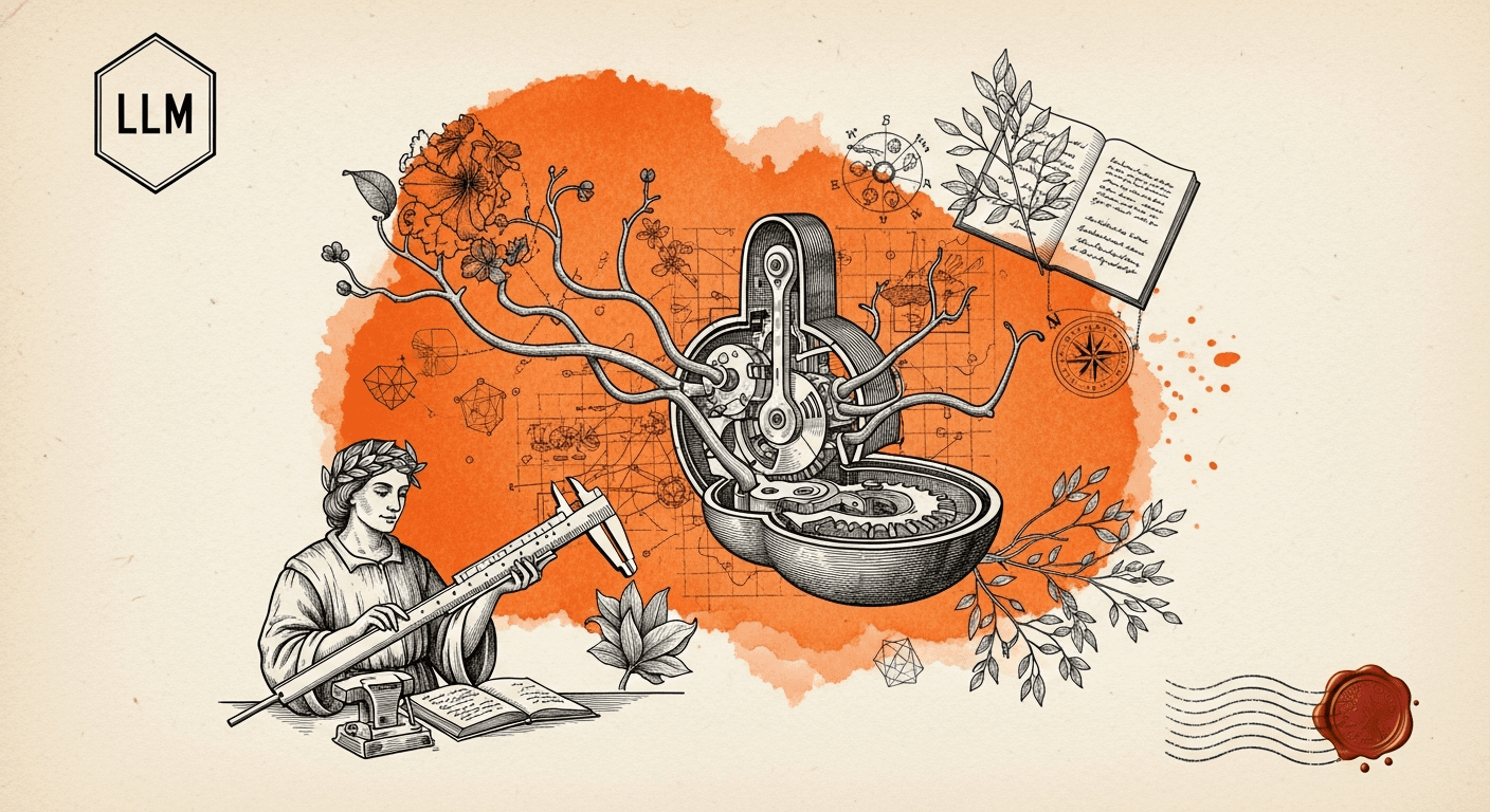 Pressed Ink Seal / Typewriter Imprint style editorial illustration for the news article: Research Introduces Active Information Seeking for LLM Contex