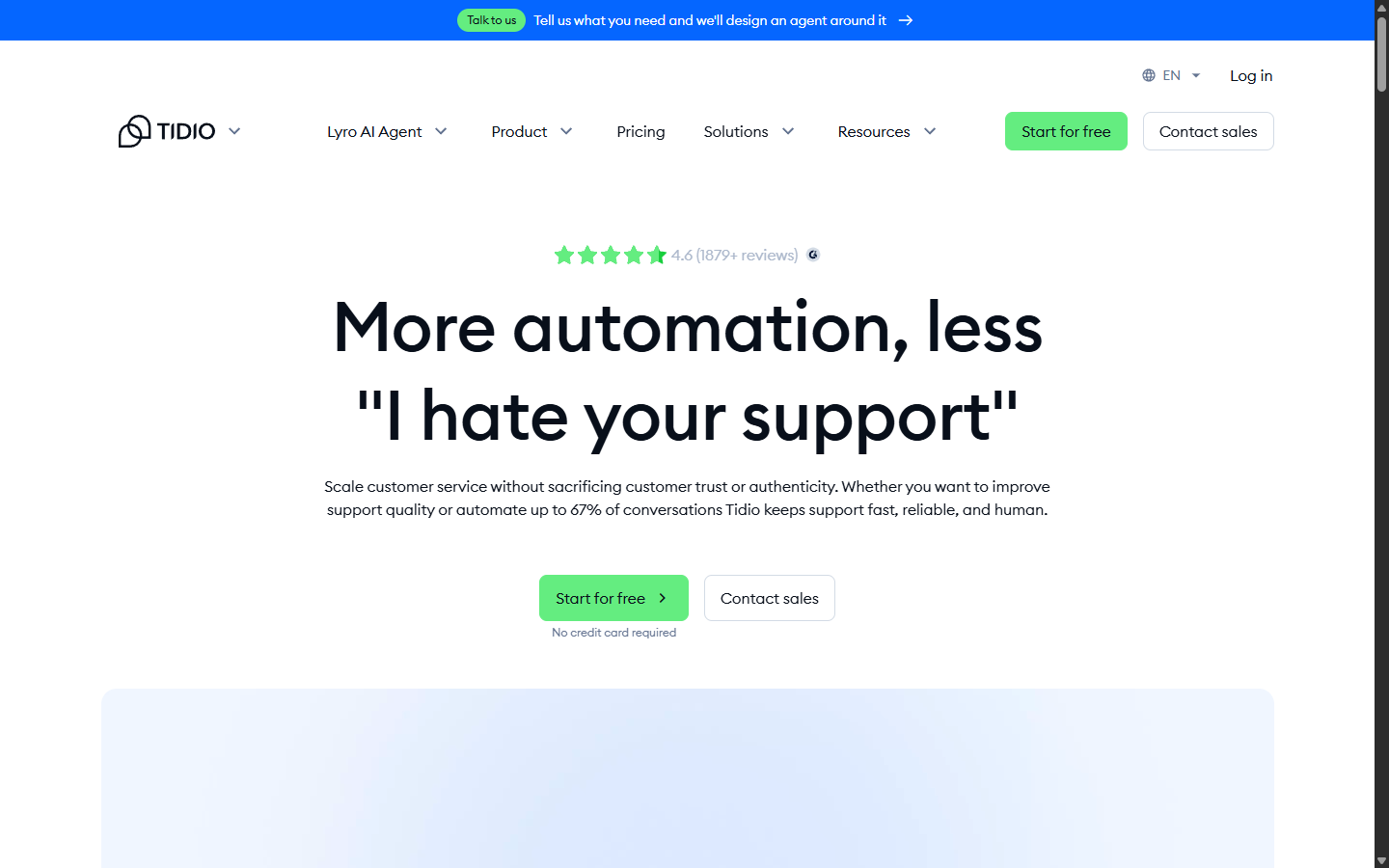 Tidio's homepage, showing its 4.6-star rating from 1,879+ reviews