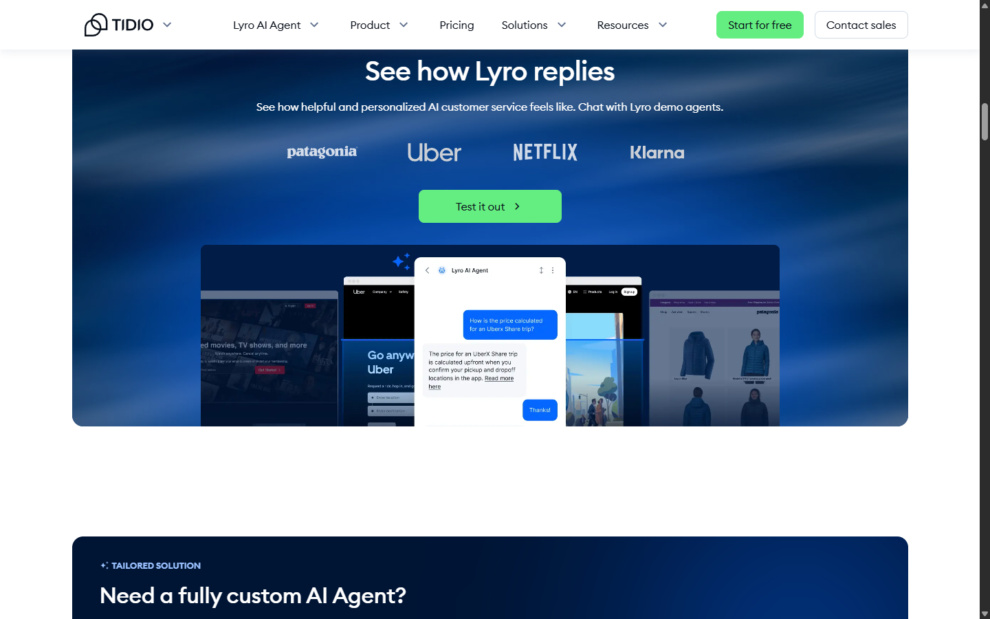 A live Lyro AI Agent conversation, answering a customer question about Uber ride pricing