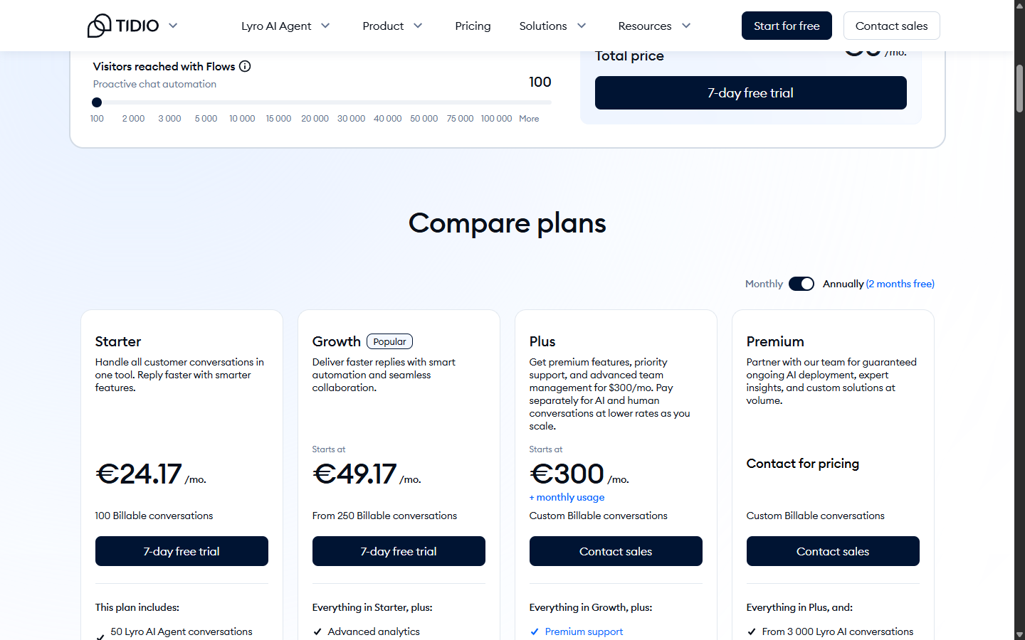 Tidio's current "Compare plans" pricing table